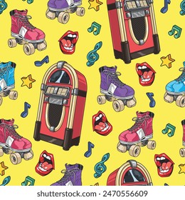 Retro culture colorful seamless pattern with jukeboxes and roller sneakers for magazine design about last century vector illustration