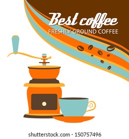 Retro cup of coffee and grinder on a white background.  Vector illustration.