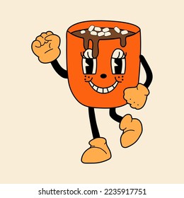 Retro  cup of hot drink  30s cartoon mascot character -. 40s, 50s, 60s old animation style. Vintage comic winter cafe, Christmas drink advertisement, vector. Happy, smile emotions.