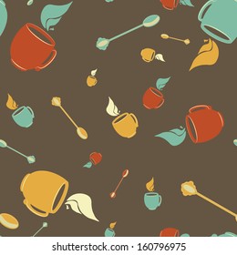 Retro cup and spoon pattern on brown background. Vector.