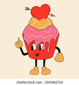 Retro cupcake 30s cartoon mascot character -. 40s, 50s, 60s old animation style.Valentine's Day cupcake style vector. Happy, smile emotions.