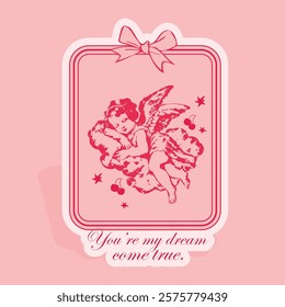 Retro Cupid Valentine Badge Illustration,  Cute Cupid Sleeping in Cloud Perfect for Valentine’s Day greetings, romantic gift tags, or heartfelt social media posts.