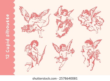 Retro Cupid Valentine Hand Drawn Illustration Set.  Various Cupid Poses Collection. Vector freehand vintage collection. 