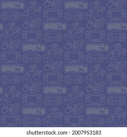 retro and current video game controllers, keyboard and gadgets background, seamless pattern. for presentation background, t-shirt, fabric