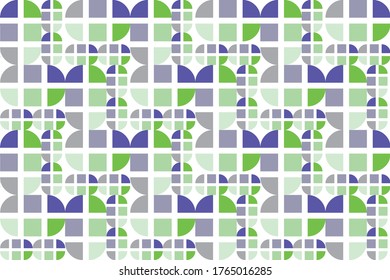 Retro curved blocks green and blue abstract repeating pattern on white, vector illustration