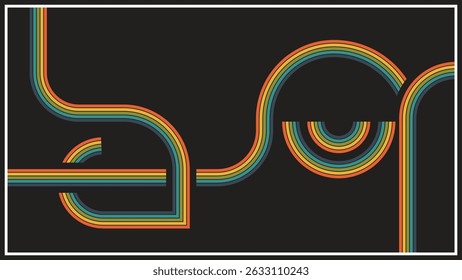 Retro Curved Stripe Line Art on Black Background with Circular and Geometric Flow Design