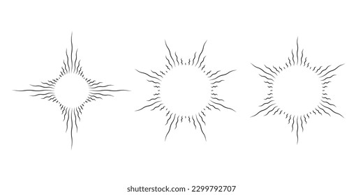 Retro curved sunburst frame set. Vintage wavy sunlight rays collection. Warped curved circle sunbeams design elements for logo, labels, badges, banners. Vector illustration pack