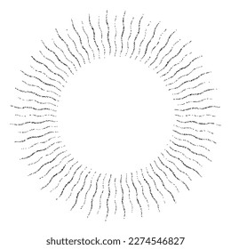 Retro curved sunburst frame. Warped sunlight rays in circle. Vintage stippled design element for logo, labels, badges, banners. Vector