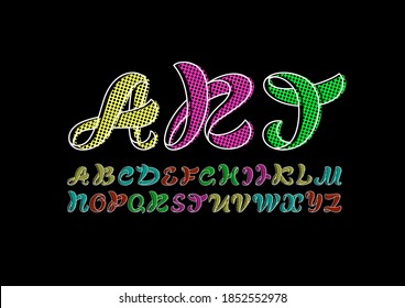 Retro curvy font, handwritten script alphabet, calligraphy cursive colored letters and numbers, vector illustration 10EPS