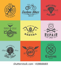 Retro Custom Bicycle Vector Labels or Logo Templates Set. Bike Symbols, Such as Chains, Wheels, Saddle, Bell, Wrench, etc. With Vintage Typography. On Colorful Squares.