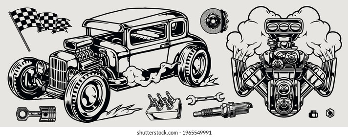 Retro custom car and parts composition with racing checkered flag hot rod and engine with smoke brake disc piston spark plug spanner lowrider suspension remote control isolated vector illustration