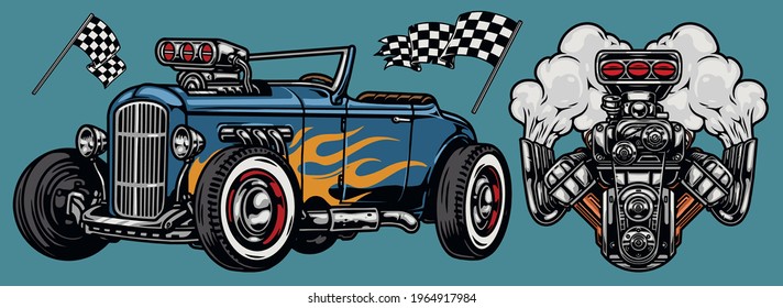 Retro custom car vintage colorful concept with racing checkered flags hot rod car and engine isolated vector illustration