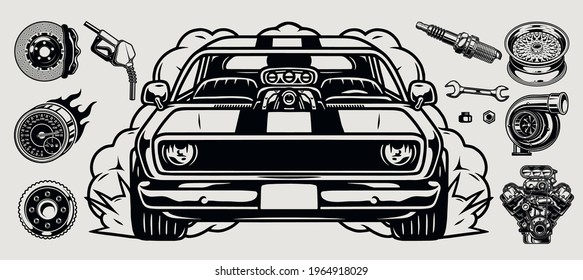 Retro custom car vintage concept with muscle automobile different auto parts and tools in monochrome style isolated vector illustration