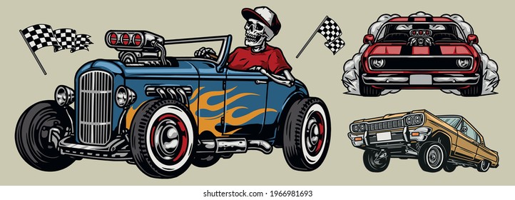 Retro custom cars colorful composition with racing checkered flags muscle and lowrider automobiles skeleton in baseball cap driving hot rod isolated vector illustration