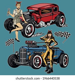 Retro custom cars colorful concept with racing checkered flags pretty girls in mechanic unifroms holding wrenches and standing near hot rods isolated vector illustration