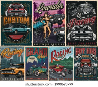 Retro custom cars colorful posters set with lowrider and muscle cars skeleton in baseball cap driving hot rod racing checkered flags attractive winking woman in mechanic uniform vector illustration