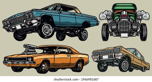 Retro custom cars colorful vintage concept with hot rod muscle and lowrider automobiles isolated vector illustration svg