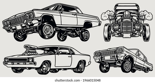 Retro custom cars composition with hot rod lowrider and muscle automobiles in vintage monochrome style isolated vector illustration svg