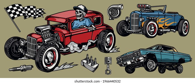 Retro custom cars and parts composition with skeleton driver hot rods and lowrider automobiles turbocharger engine piston spark plug checkered flag isolated vector illustration