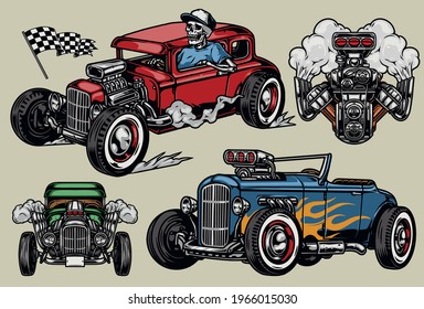 Retro Custom Cars Vintage Colorful Concept With Racing Checkered Flag Hot Rod Automobiles Powerful Hotrod Engine Isolated Vector Illustration