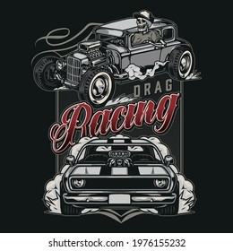 Retro custom cars vintage label with powerful muscle car and skeleton in baseball cap driving hot rod isolated vector illustration