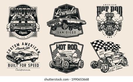 Retro custom cars vintage monochrome emblems with turbo engine racing checkered flag skeleton driving hot rod powerful muscle and lowrider cars on light background isolated vector illustration svg