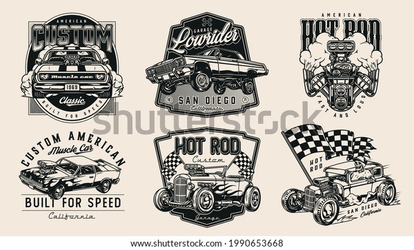 Retro custom cars vintage monochrome emblems\
with turbo engine racing checkered flag skeleton driving hot rod\
powerful muscle and lowrider cars on light background isolated\
vector illustration