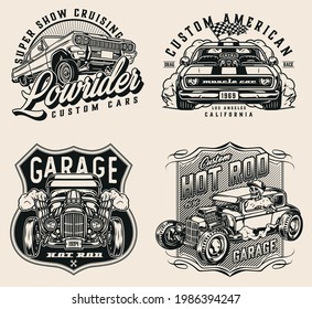 Retro custom cars vintage prints in monochrome style with skeleton in baseball cap driving hot rod checkered race flag lowrider and muscle cars on light background isolated vector illustration