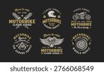 Retro custom motorcycle logo sign badge elements vector. Motorcycle garage and mechanic logo with vintage style vector design in black background. Motorbike parts logo vector collection