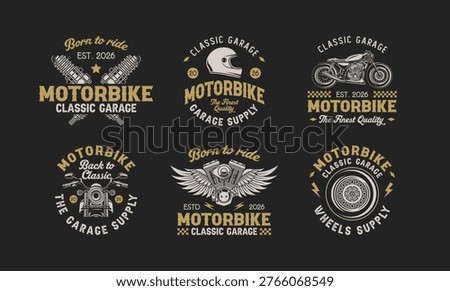 Retro custom motorcycle logo sign badge elements vector. Motorcycle garage and mechanic logo with vintage style vector design in black background. Motorbike parts logo vector collection