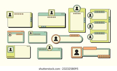 Vector de comentarios de clientes retro. Retro Revisa La Tasa De Estrellas. Foto de usuario, calificación, mensaje, notificación, marco, ilustración de cuadro.