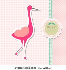 Retro cute art sweet kid pink card for baby invitation, greeting, happy birthday, label, postcard, congratulations, color illustration, design element, old frame, gift, banner with text vector  eps 8