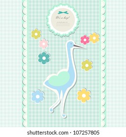 Retro cute art sweet kid boy card for baby invitation, greeting, happy birthday, label, postcard, congratulations, color illustration, design element, old frame, gift, banner with text vector eps 8