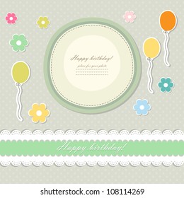 Retro cute art sweet kid pink card baby invitation, greeting, happy birthday, label, postcard children, congratulations, color illustration, design element, old frame, gift, banner  text vector eps 8