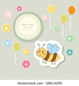 Retro cute art sweet kid pink card for baby boy girl invitation, greeting, happy birthday, label, postcard, congratulations, color children, design element, old frame, gift, banner  text vector eps 8