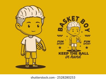Retro linda ilustración de personaje de niño de canasta sosteniendo una pelota de canasta