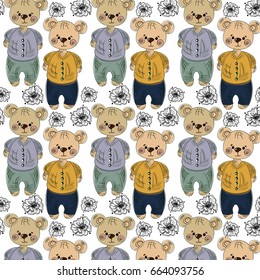 Retro cute cartoon background pattern with teddy bears toy