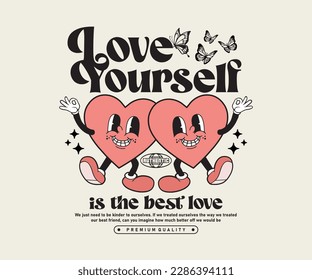 Retro cute cartoon couple heart character illustration,vector art. print with motivational slogan for graphic tee t shirt, street wear,  or poster sticker - Vector