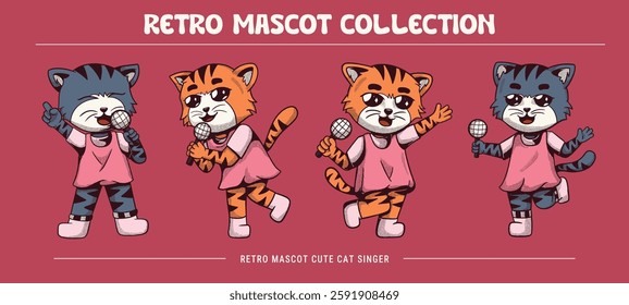 Retro Cute Cat Singer Mascots