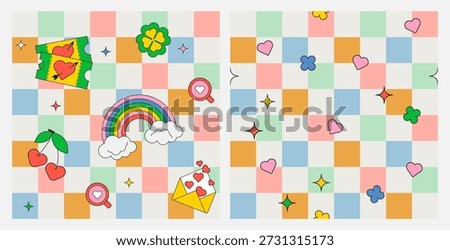 Retro cute checkered seamless patterns with hearts in colorful vintage style. Groovy geometric backgrounds for kids rooms, nursery decor, fabric, textiles, wrapping paper and playful digital design.