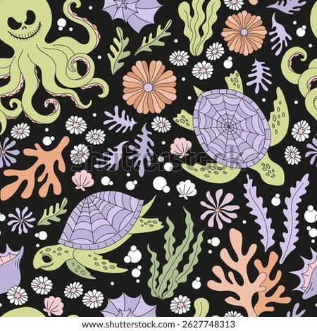 Retro Cute Creepy turtle with spider net shell scary octopus vector seamless pattern. Spooky Pastel Goth Creepy Halloween Underwater ocean hand drawn background.