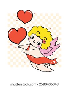 Retro Cute Cupid with Hearts in a Wavy Hand Drawn Whimsical Bold Line Style