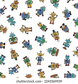 Patrón retro lindo y divertido de robots sin costuras,