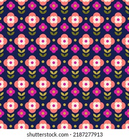 Retro cute geometric flower and leaf seamless pattern background.