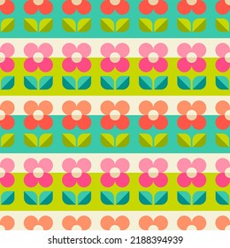 Retro cute geometric flower and leaf seamless pattern with striped background.
