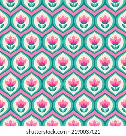 Retro cute geometric flower and leaf seamless pattern background. - Shutterstock ID 2190037021