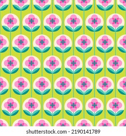 Retro cute geometric flower and leaf seamless pattern background.