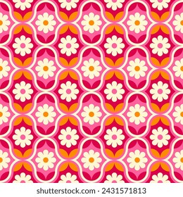 Retro cute geometric flower seamless pattern background.