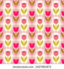 Retro cute geometric pink tulip seamless pattern background.