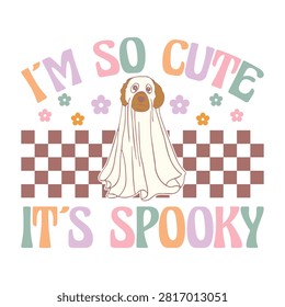 Retro cute ghost dog halloween costume design with halloween checkerboard seasonal illustration whimsical celebration character creative colorful aesthetic doglover